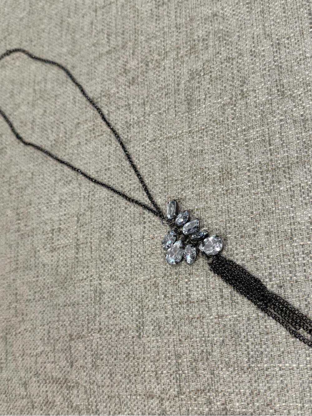 Black Chain Tassel Necklace with Faux Gem Cluster